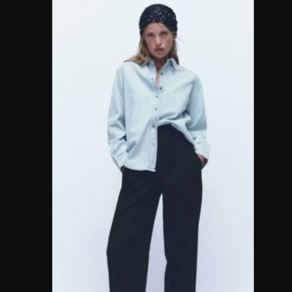 ZARA | Casual Style Long Sleeves Plain DENIM Cotton Medium Elegant Style - Picture 3 of 8